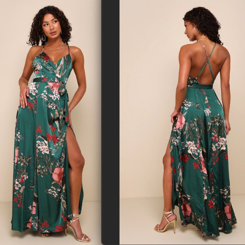 Lulu's Still the One Emerald Green Floral Print Satin Maxi Dress - NWT - Size XS